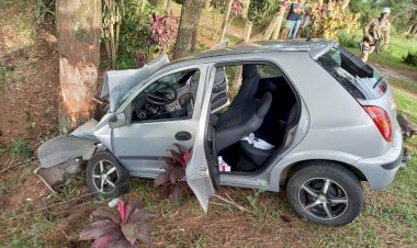 Mulher perde controle do veículo e bate em árvore